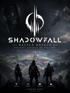 Key art showing three combatants overlooking a dark futuristic island under storm clouds.