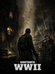 Key artwork for ShooterofIO: WWII, depicting Allied soldiers advancing through a burning European village during World War II.
