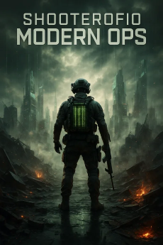 Cover artwork for ShooterofIO 1: Modern Ops, showing a modern soldier standing in front of a burning urban battlefield.