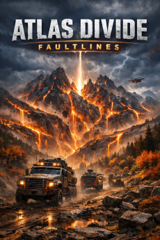 A fractured mountain range split by glowing fault lines beneath a storm-darkened sky. A convoy of vehicles navigates unstable terrain.